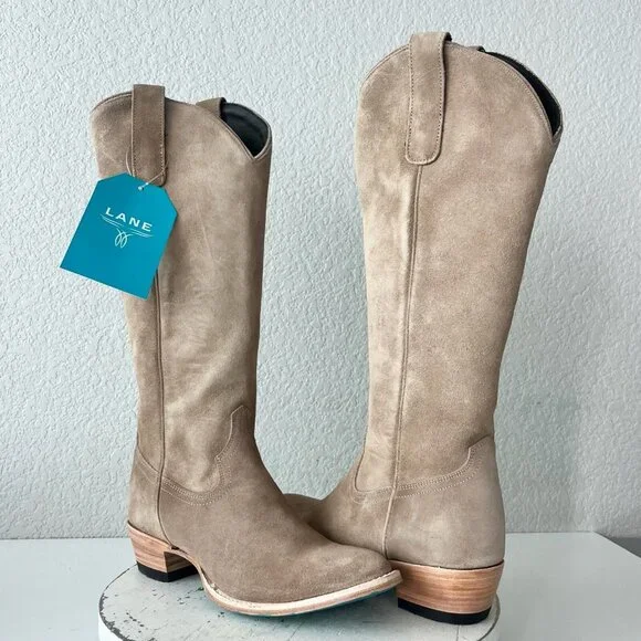Lane PLAIN JANE Cowboy Boots Womens 7.5 Latte Suede Cowgirl Western Mid Calf - Picture 11 of 11